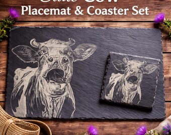Set de table et sous-verres vache en ardoise, vaisselle vache gravée, décoration de cuisine de ferme, cadeau pour amoureux des animaux