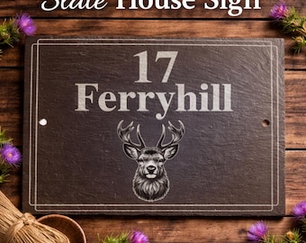 Personalised Stag Slate House Sign, Custom Address Plaque, UK Number Sign