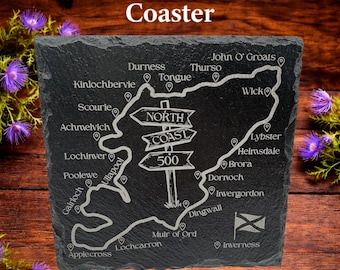 Engraved Slate Coaster, North Coast 500 Map, Scottish Highlands Gift