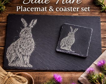 Engraved Hare Slate Placemat and Coaster Set, Country Kitchen Wildlife Décor