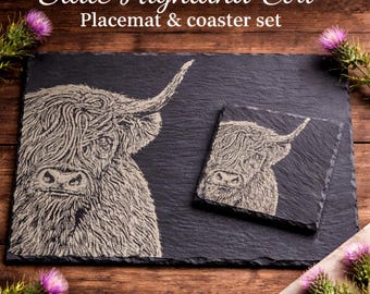 Engraved Highland Cow Slate Placemat and Coaster Set, Farmhouse Kitchen Décor