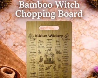 Planche à découper sorcière en bambou, cadeau herboristerie gravé sorcellerie de cuisine