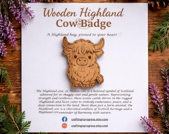 Wooden Highland Cow Badge, Scottish Animal Engraved Pin, Maple Cherry Walnut Wood
