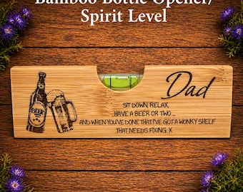 Bamboo Bottle Opener Spirit Level, Engraved Dad Gift, Funny Home Bar Tool