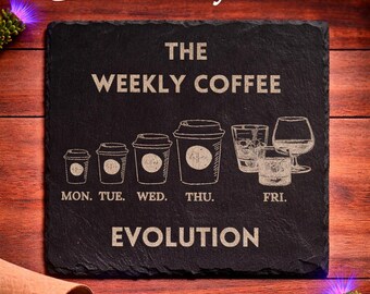 Slate Funny Coffee Evolution Coaster, Weekly Coffee Humour Gift, Office Desk Accessory,