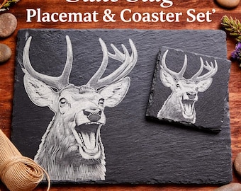 Set de table et sous-verre cerf en ardoise, vaisselle en forme de cerf gravé, décoration de cuisine rustique, cadeau pour une maison de campagne