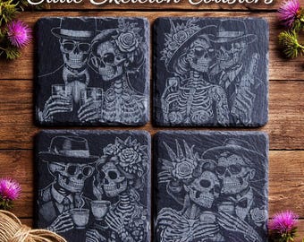 Gothic Skeleton Slate Coasters, Alternative Skull Home Décor Set