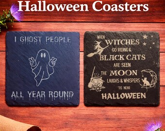Slate Halloween Coasters,  Ghost & Witch Design Set, Gothic Home Décor