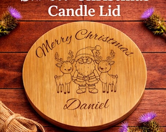Couvercle de bougie de Noël personnalisé en bambou, motif renne du père Noël gravé