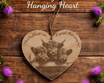 Highland Cow Wooden Heart Sign, Engraved Farmhouse Decor, Cow Lover Gift