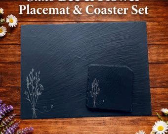 Slate Bee & Flower Placemats, Nature Inspired Dining Décor, Rustic Slate Coaster Gift