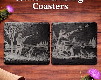 Engraved Slate Hunting Coasters, Game Keeper Pheasant Shooting Scene