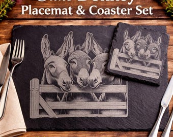 Engraved Donkey Slate Placemat and Coaster Set, Farm Animal Gift