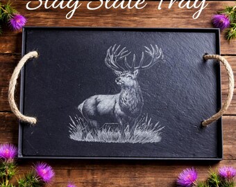 Engraved Stag Slate Serving Tray, Rustic Woodland Decor, Jute Handles