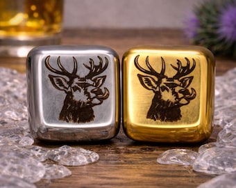 Stag Whisky Stones Set, Stainless Steel Ice Cubes, Engraved Deer Gift, Reusable Drink Chillers