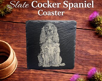 Dessous de verre gravé en ardoise de cocker, cadeau naturel pour les amoureux des chiens