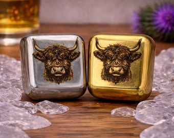 Highland Cow Whisky Stones Set, Stainless Steel Reusable Ice Cubes, Whisky Lover Gift