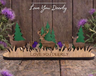 Layered Wooden Stag Decoration, Rustic Woodland Scene, Cherry MDF Black Walnut Wood