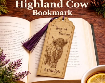 Personalised Highland Cow Wooden Bookmark, Engraved Gift for Readers