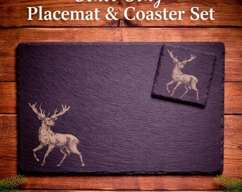 Engraved Stag Slate Placemat & Coaster Set, Scottish Highland Tableware, Woodland Gift,