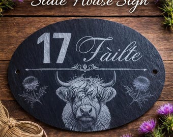 Plaque de maison personnalisée en ardoise Vache des Highlands, numéro personnalisé, Fàilte Welcome, décoration extérieure de ferme