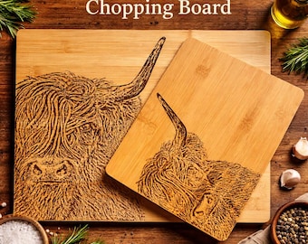 Planche à découper gravée en bambou de vache des montagnes, cadeau de cuisine de service de ferme rustique