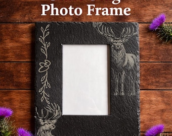 Engraved Slate Stag Photo Frame, Rustic Floral Deer Decor, Personalised Gift