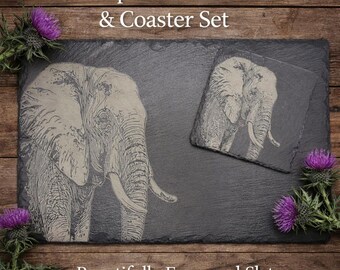 Set de table et sous-verres éléphant en ardoise, vaisselle gravée, décoration de maison safari, cadeau pour amoureux des animaux