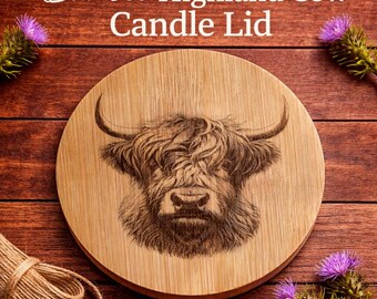 Couvercle de bougie en bambou gravé vache des montagnes, couverture en bois rustique, cadeau personnalisé