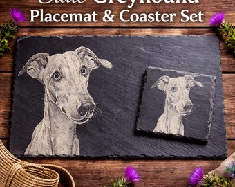 Greyhound Slate Placemat and Coaster Set, Laser Engraved Dog Tableware