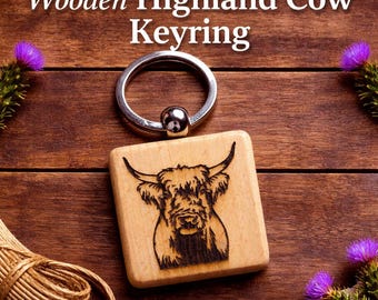 Porte-clés personnalisé vache Highland en bois, cadeau animal Ecosse gravé au laser