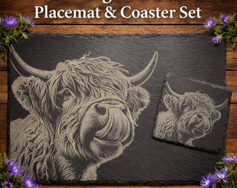 Set de table et sous-verre vache Highland en ardoise, décoration de cuisine rustique, cadeau écossais, décoration d'intérieur