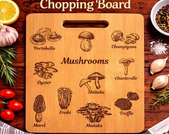 Mushroom Bamboo Chopping Board, Engraved Kitchen Decor, Foraging Gift, Cottagecore Kitchen