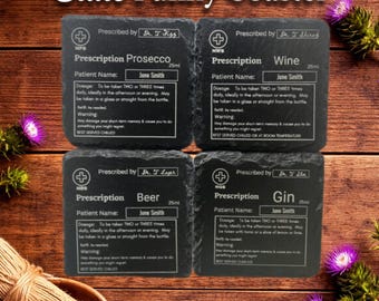 Funny Prescription Slate Coasters Set, Novelty Drink Coasters, Prosecco Wine Beer Gin Gift