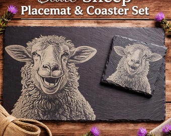Set de table et sous-verre mouton ardoise, vaisselle gravée mouton, décoration de cuisine de ferme, cadeau animal rustique