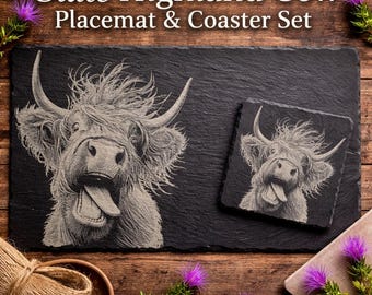 Set de table et sous-verres gravés en ardoise Highland Cow, décoration de ferme rustique