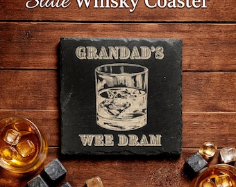 Dessous de verre personnalisé Grandad's Wee Dram en ardoise de whisky, décoration d'intérieur écossaise