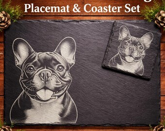 Engraved French Bulldog Slate Placemat and Coaster Set, Dog Lover Gift