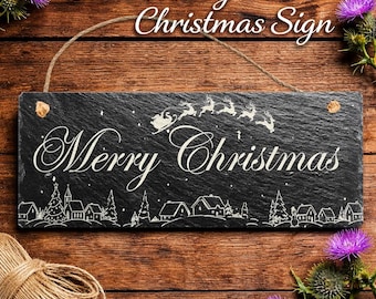Engraved Merry Christmas Slate Sign, Winter Village Rustic Holiday Décor