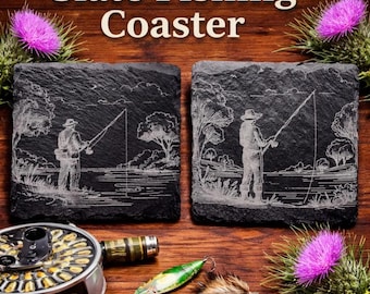 Engraved Slate Fishing Coaster Set, Rustic Angler Barware, Fisherman Gift