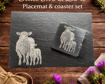 Engraved Sheep Slate Placemat and Coaster Set, Farmhouse Country Décor