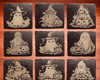 Slate Ghost Coasters, Halloween Party Decor, Laser Engraved Natural Slate