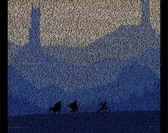 Puede incluir: Una impresión de arte digital que presenta la silueta de tres figuras corriendo hacia una lejana cordillera de color azul claro con dos torres en el fondo. La impresión está compuesta por texto diminuto, creando un diseño único y abstracto.