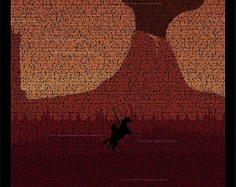 May include: A silhouette of a person riding a horse against a red and orange background made of text. The text is from the movie "The Lord of the Rings: The Fellowship of the Ring".