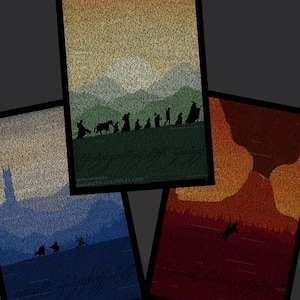 Può includere: Tre poster diversi con una silhouette di un gruppo di persone che camminano in un paesaggio. Il primo poster ha uno sfondo di tramonto, il secondo poster ha uno sfondo blu e il terzo poster ha uno sfondo rosso.