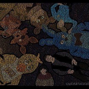 May include: A digital artwork featuring five characters from the video game Five Nights at Freddy's. The characters are Freddy Fazbear, Bonnie the Bunny, Chica the Chicken, Foxy the Pirate Fox, and Golden Freddy. The characters are made up of text and are arranged in a circle around a black background. The text is in a variety of fonts and sizes, and it is difficult to read. The image is a mosaic of text, and it is a creative way to represent the characters from the game.