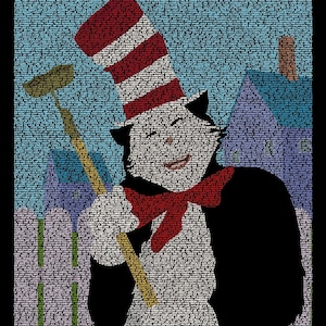 Puede incluir: Un gato blanco y negro con un sombrero a rayas rojas y blancas sostiene un rastrillo amarillo. El gato sonríe y lleva una corbata de lazo roja. El fondo es un cielo azul con nubes blancas y una casa morada.