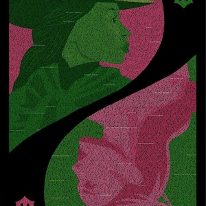 May include: A digital art print featuring two stylized profiles, one green and one pink, set against a black background. The profiles are filled with tiny text, creating a textured effect. The image includes the text "CINEMATICSCRIDDLES.COM".