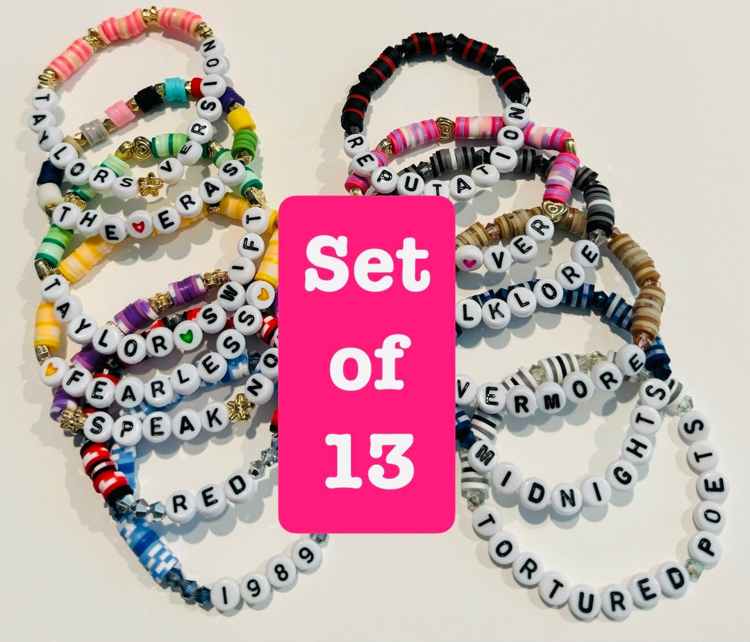 Set of 13 Taylor Swift Eras Clay Bead Friendship Bracelets Album Titles the Tortured Poets