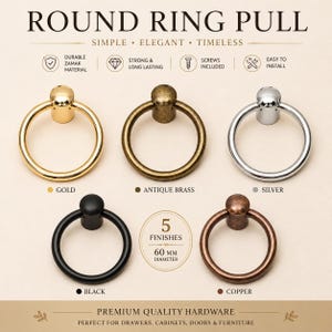 Rund ringknopp, 60 mm skåplådhandtag, Metallmöbelknopp, Guld Svart Silver Antik Mässing Koppar